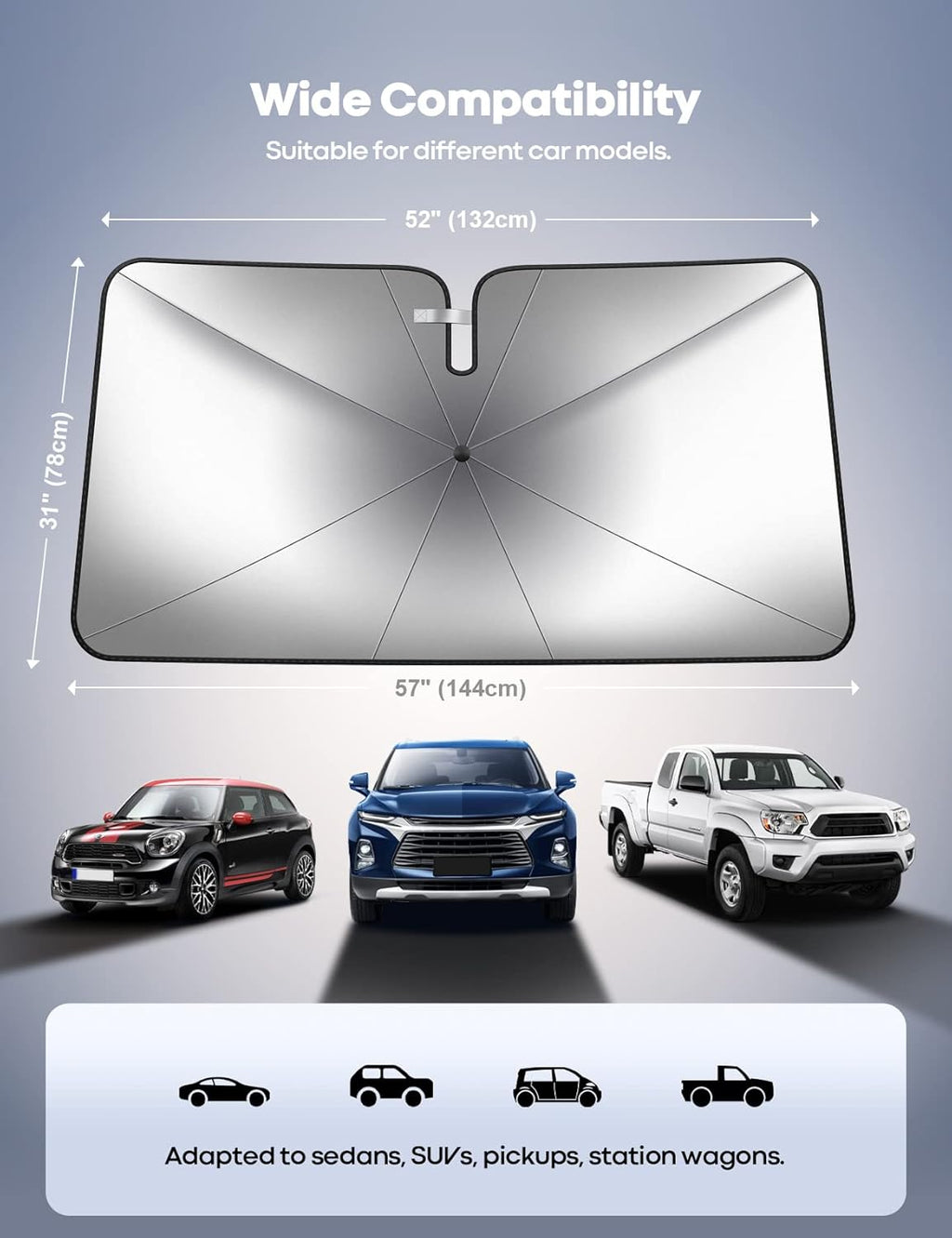 Car Windshield Sunshade Umbrella - Foldable Car Windshield Sun Shade Cover, 5 Layers UV Block Coating, 52"x31" Front