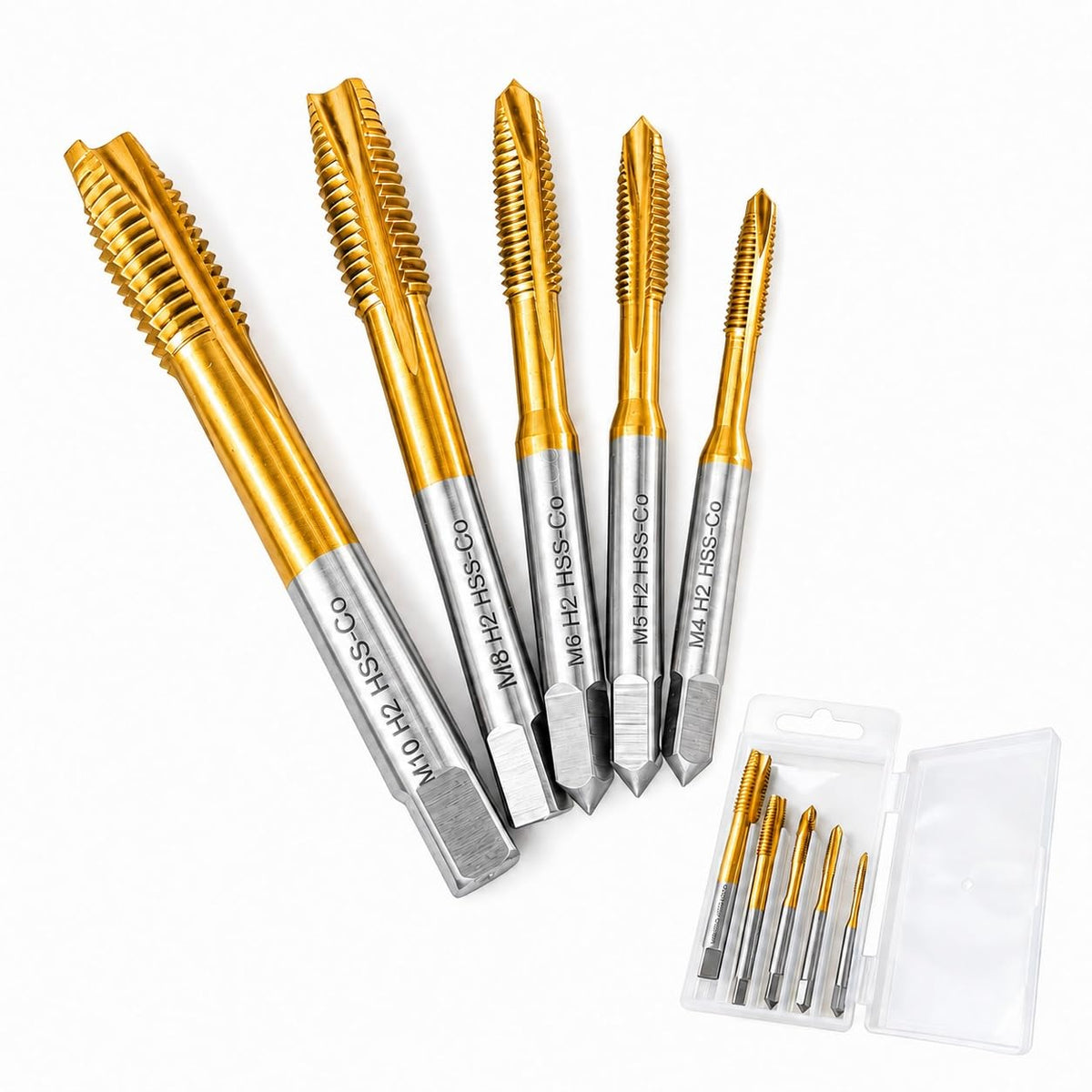 5Pcs Metric Spiral Point Taps Set, M35 Cobalt HSS, Titanium Coated