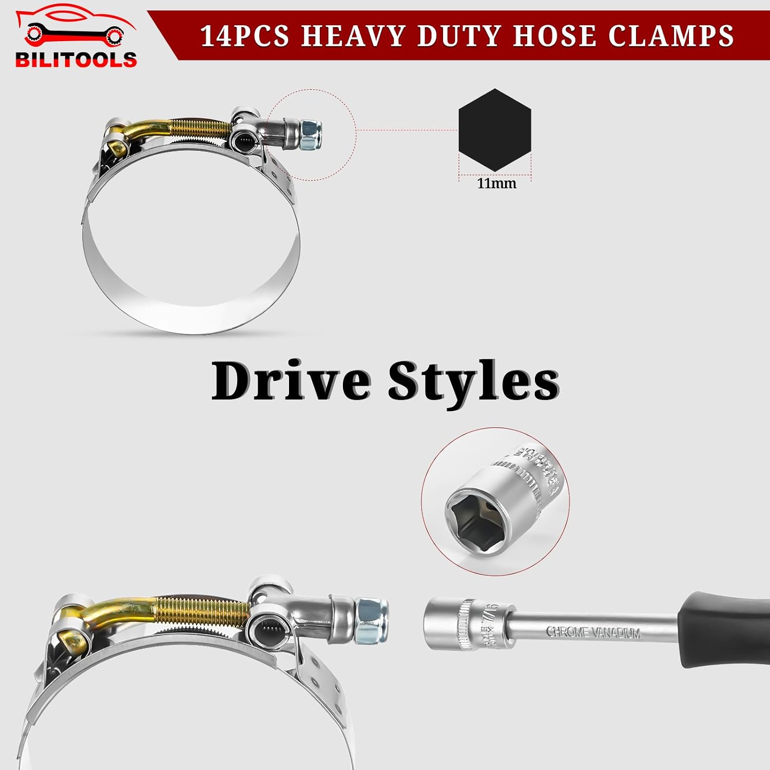 14Pcs T-Bolt Radiator Hose Clamp Set, Stainless Steel, 1" to 3" | 304 Stainless Steel, Nylon Locknut, Leak-Proof