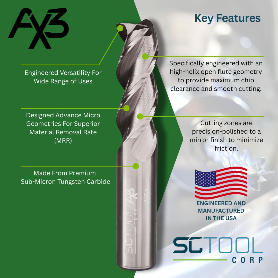 AX3 3-Flute 5/8" Carbide End Mill .030 CR 1-1/4" LOC | Uncoated SCT10219
