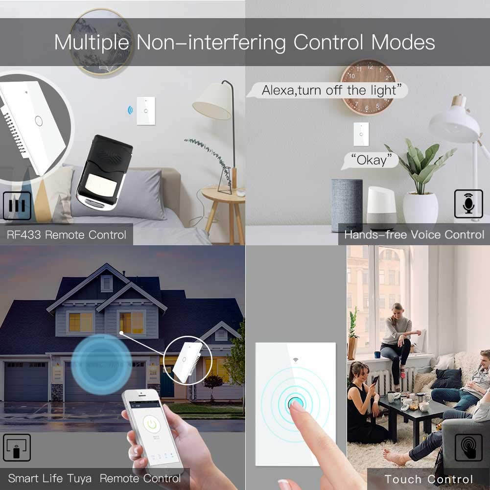 MoesGo WiFi RF433 Smart Touch Light Switch, No Neutral Wire, White 1 Gang
