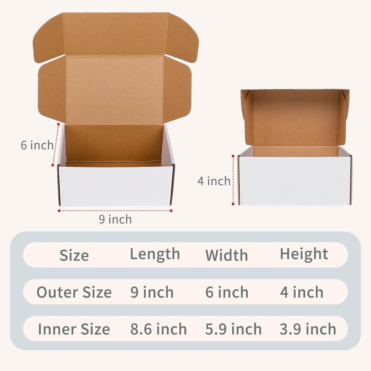 9" x 6" x 4" White Corrugated Cardboard Shipping Boxes Set of 25