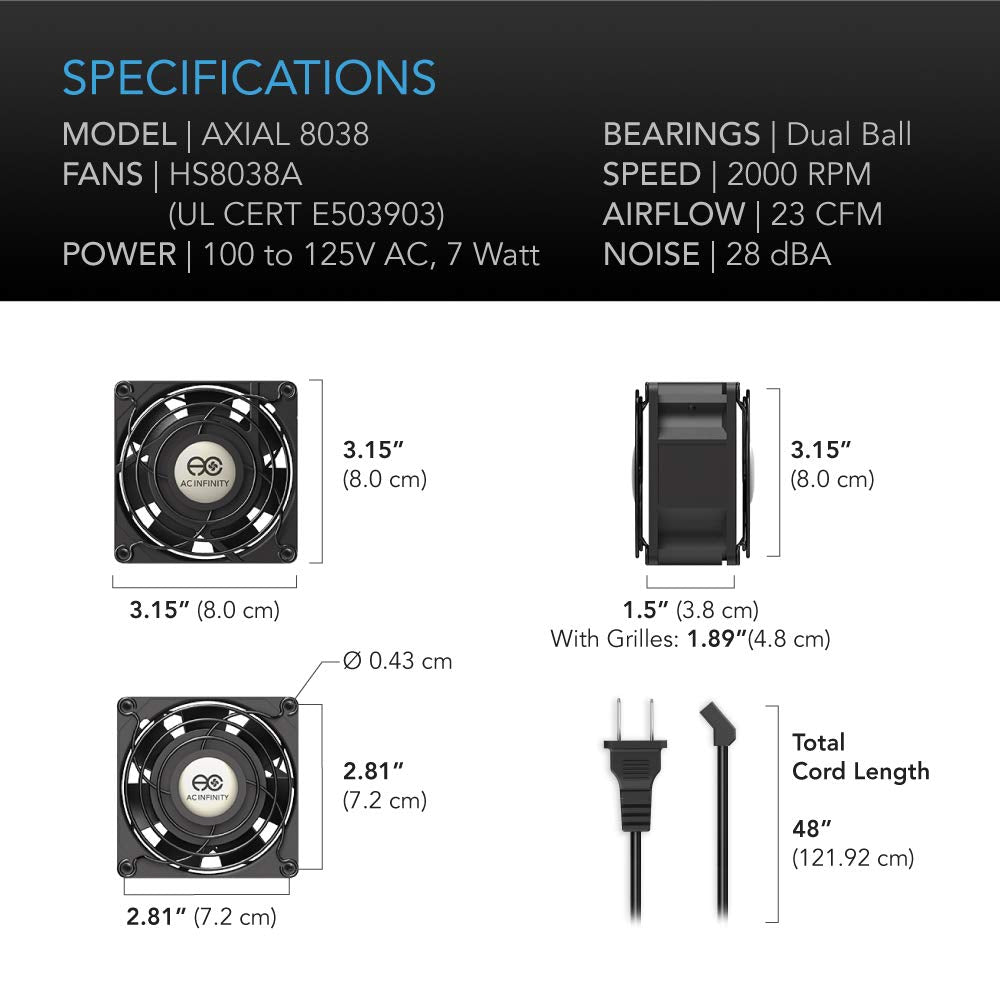 AC Infinity AXIAL 8038, Quiet Muffin Fan 3", 120V AC 80mm x 38mm