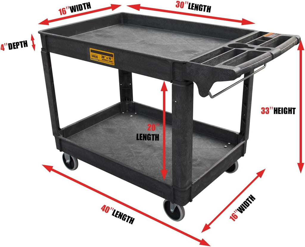 Utility Service Cart, 2-Shelf 500LBS Heavy Duty Plastic Rolling Utility Cart with 360° Swivel Wheels, Lipped Shelves