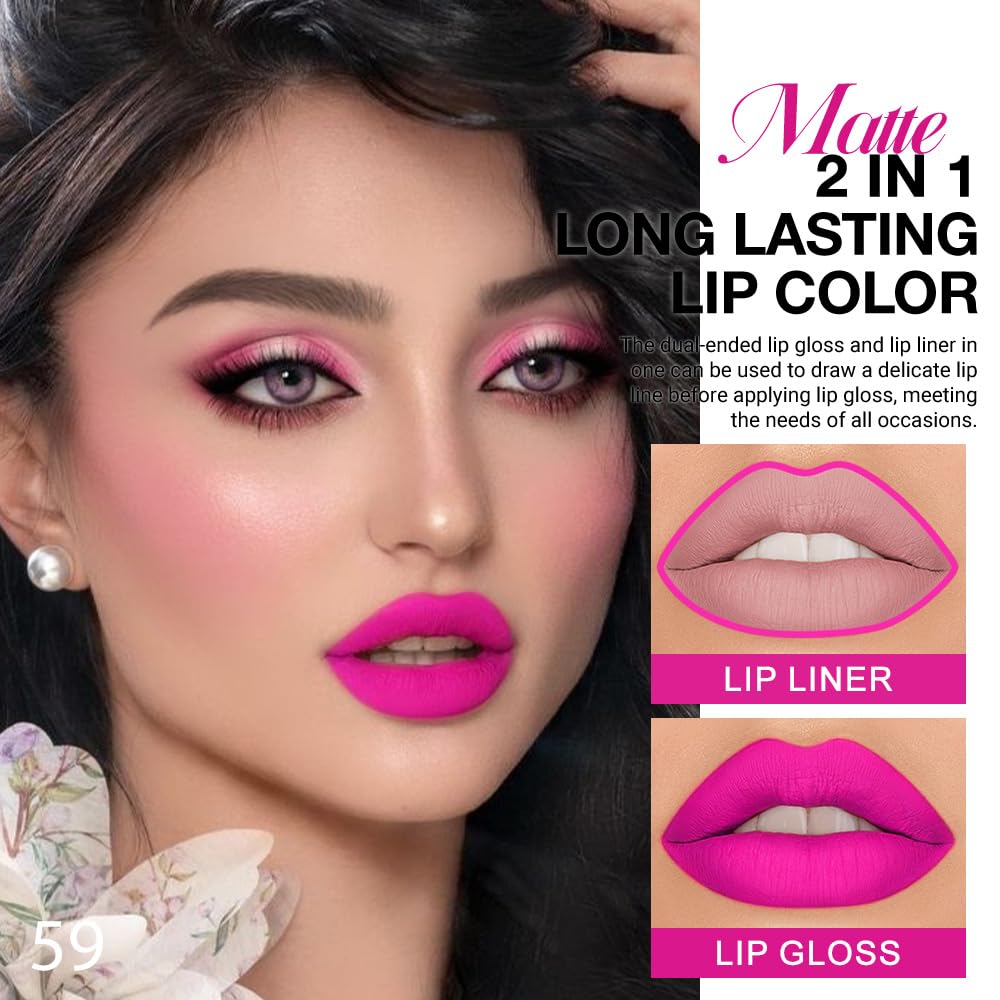 1Pcs Hot Pink Matte Lip Liner & Liquid Lipstick Stain Makeup Set for Women Gift, Pink Lip Liner Stain Long Lasting
