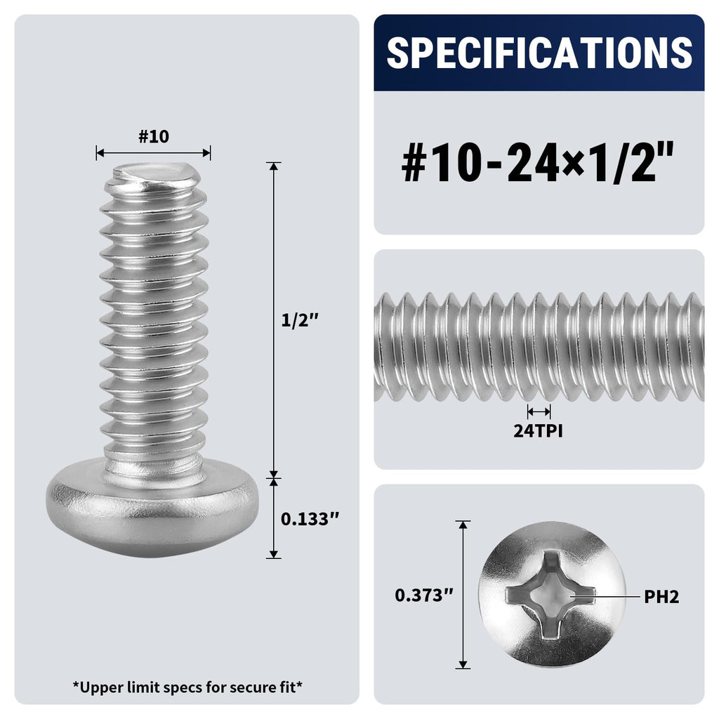 50pcs #10-24 x 1/2" Phillips Pan Head Machine Screws, 304 Stainless Steel