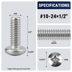 50pcs #10-24 x 1/2" Phillips Pan Head Machine Screws, 304 Stainless Steel