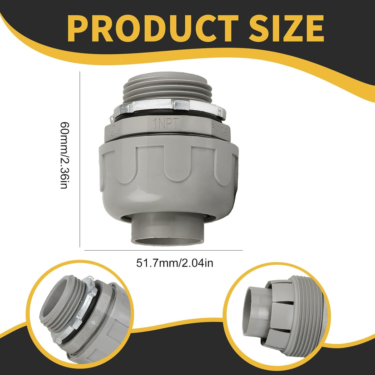 Conduit Connectors, 1 Inch, Straight, Grey, 5-Pack | Liquid Tight Connector, NPT, Non-Metallic