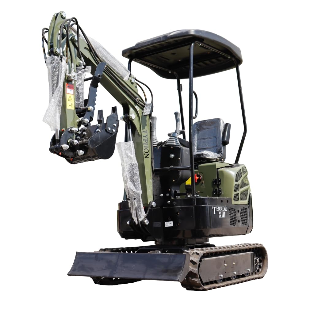 Terror XIII Mini Excavator, 13.5 HP Gas Engine, Compact Tracked Digger with Canopy, Military Green