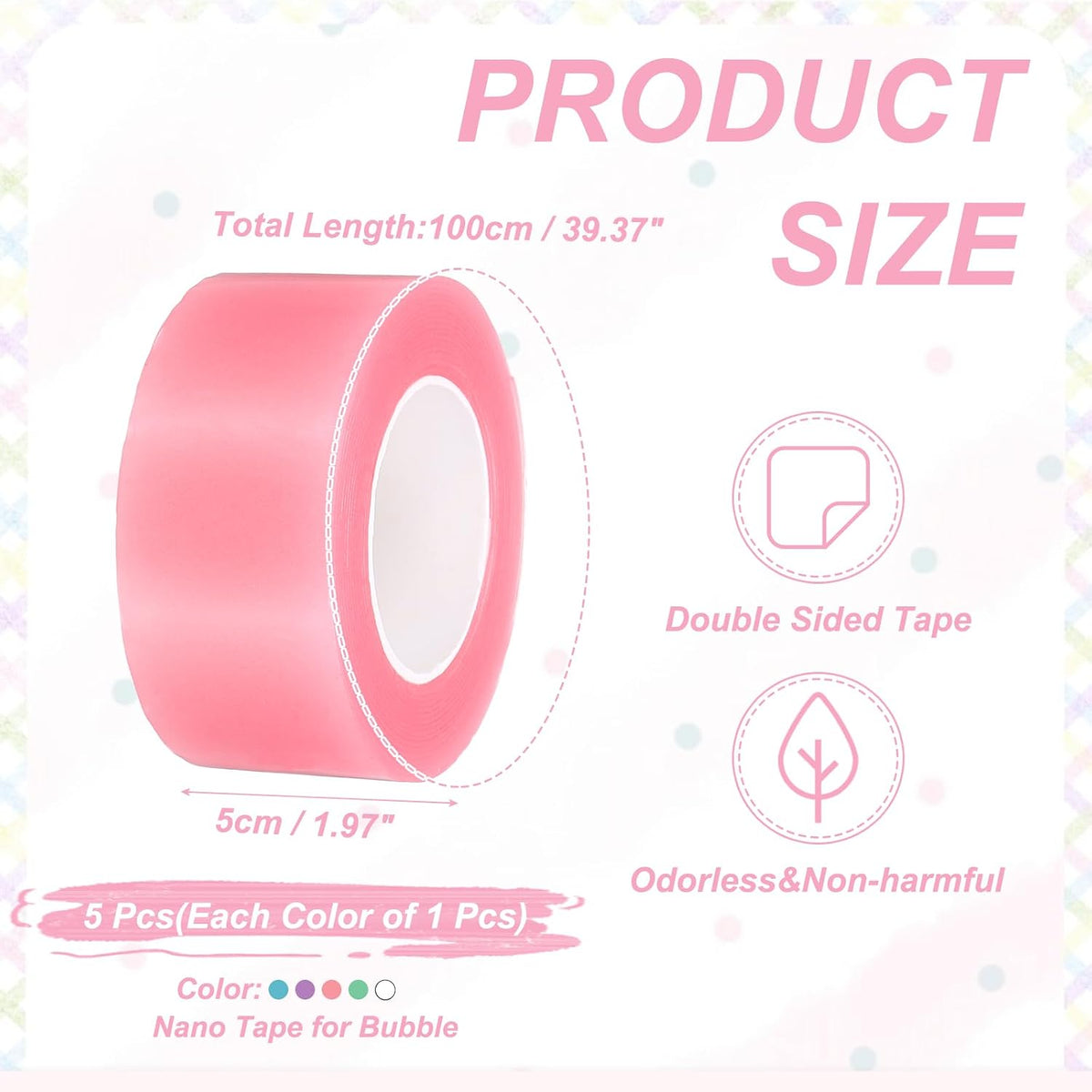 Nano Tape 2x39in, 5 Pcs Double Sided Nano Bubble Tape, 5 Color
