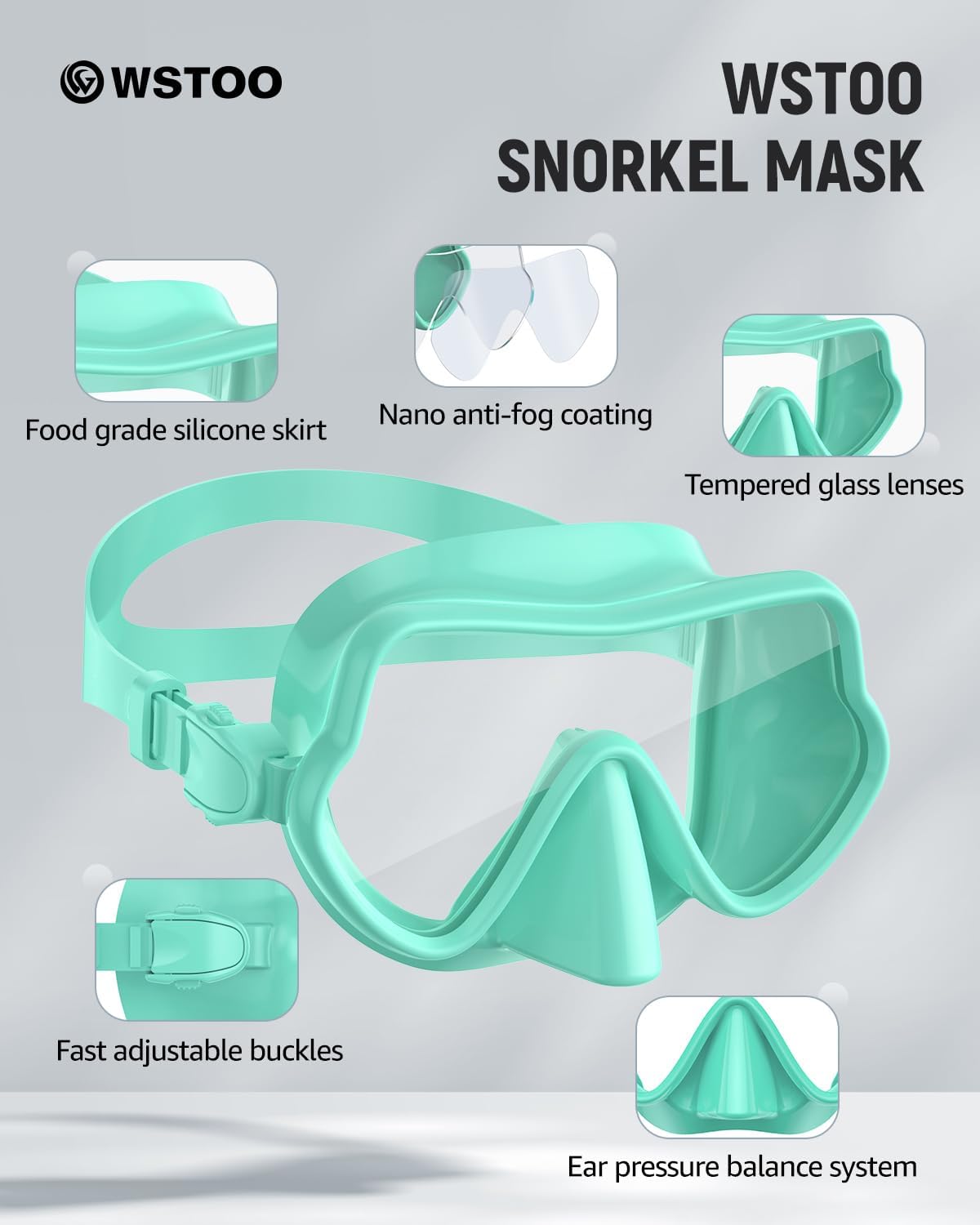 WSTOO Frameless Swim Goggles with Nose Cover for Adults, Panoramic Anti-Glare & Anti-Fog Tempered Glass Lenses, and