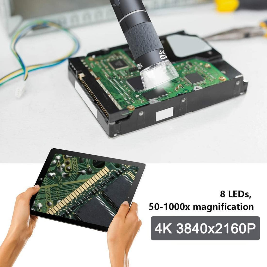 4K 50-1000x WiFi USB Digital Handheld Microscope with Metal Stand | 3840x2160P wireless/wired 8 LED endoscope camera