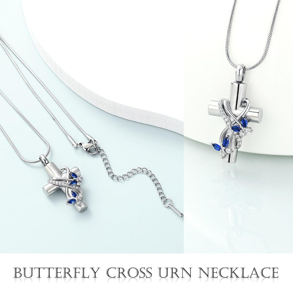 Butterfly Cross Urn Necklace for Ashes Men Women Cremation Jewelry Ashes Pendant for Human Memorial Ash Jewelry