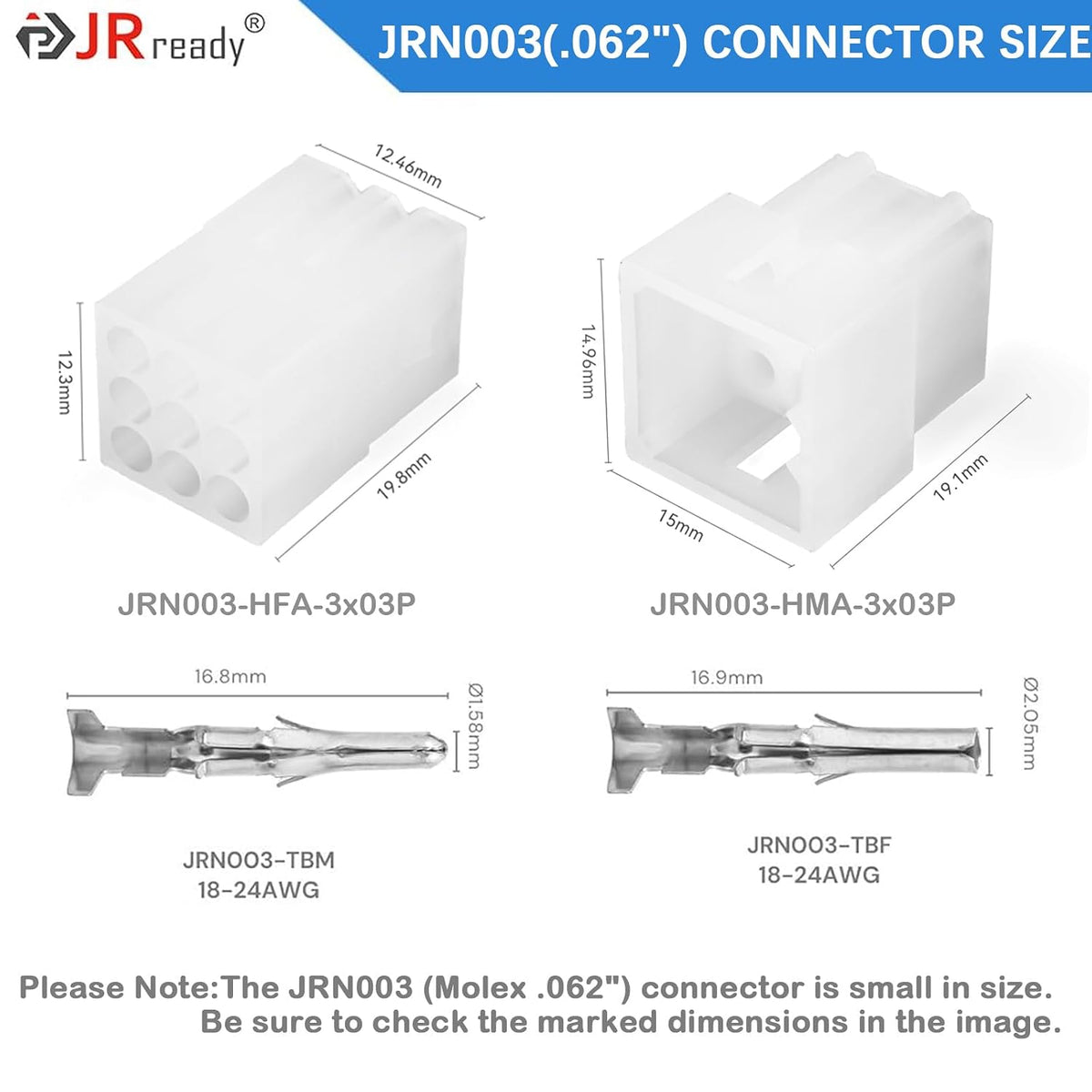 JRready ST6410 062" 9 Pin Conenctor Kit Molex Male and Female Power Housing Plug 18-24AWG Crimp Terminals 1.57mm Dia, Pins Sockets Standard .062" 03061092 and 03062092 3.68mm Pitch 4Pairs