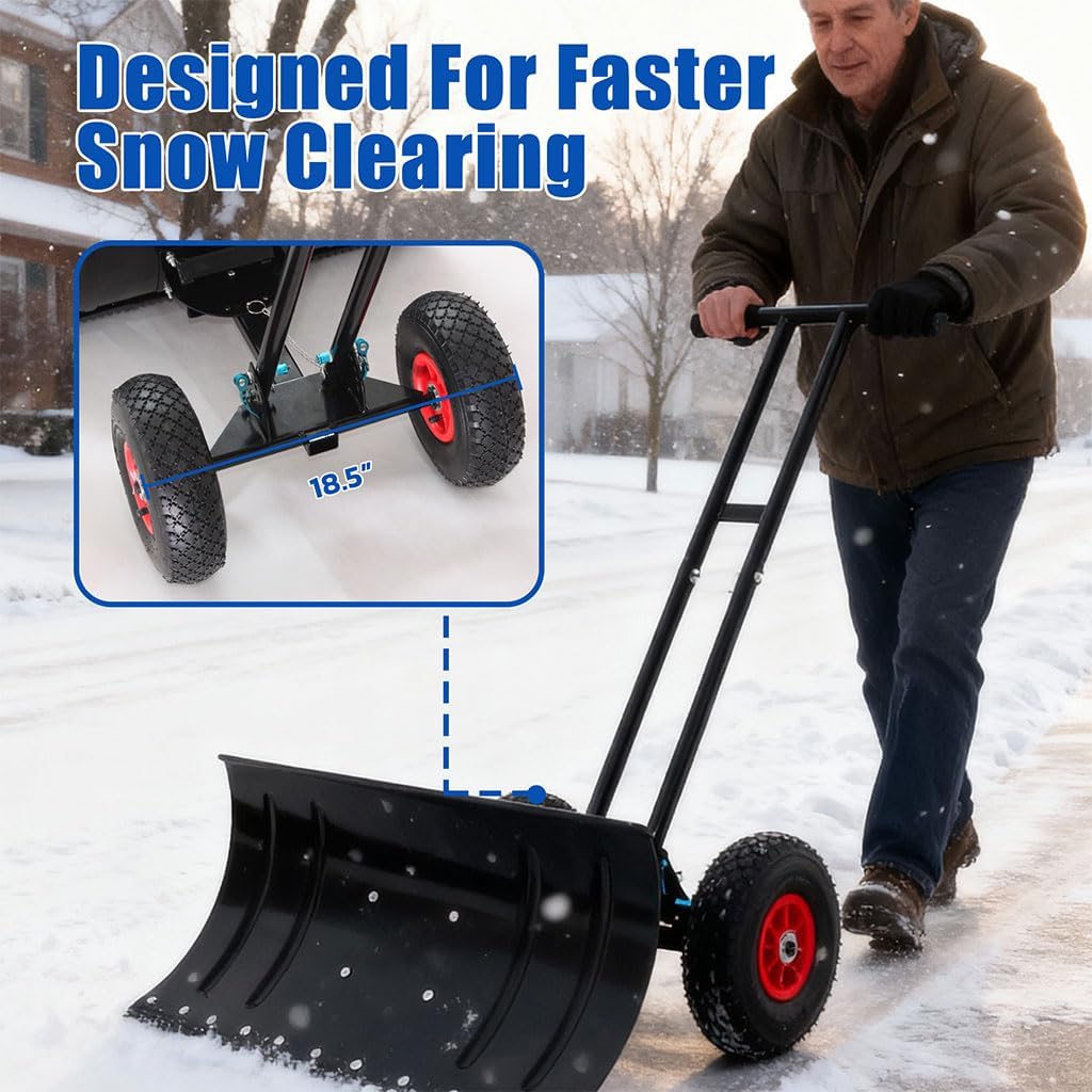 Heavy-Duty Snow Shovel with Wheels, 30" Wide Metal Snow Pusher with Adjustable Height & Angle Handle, Carbon Steel