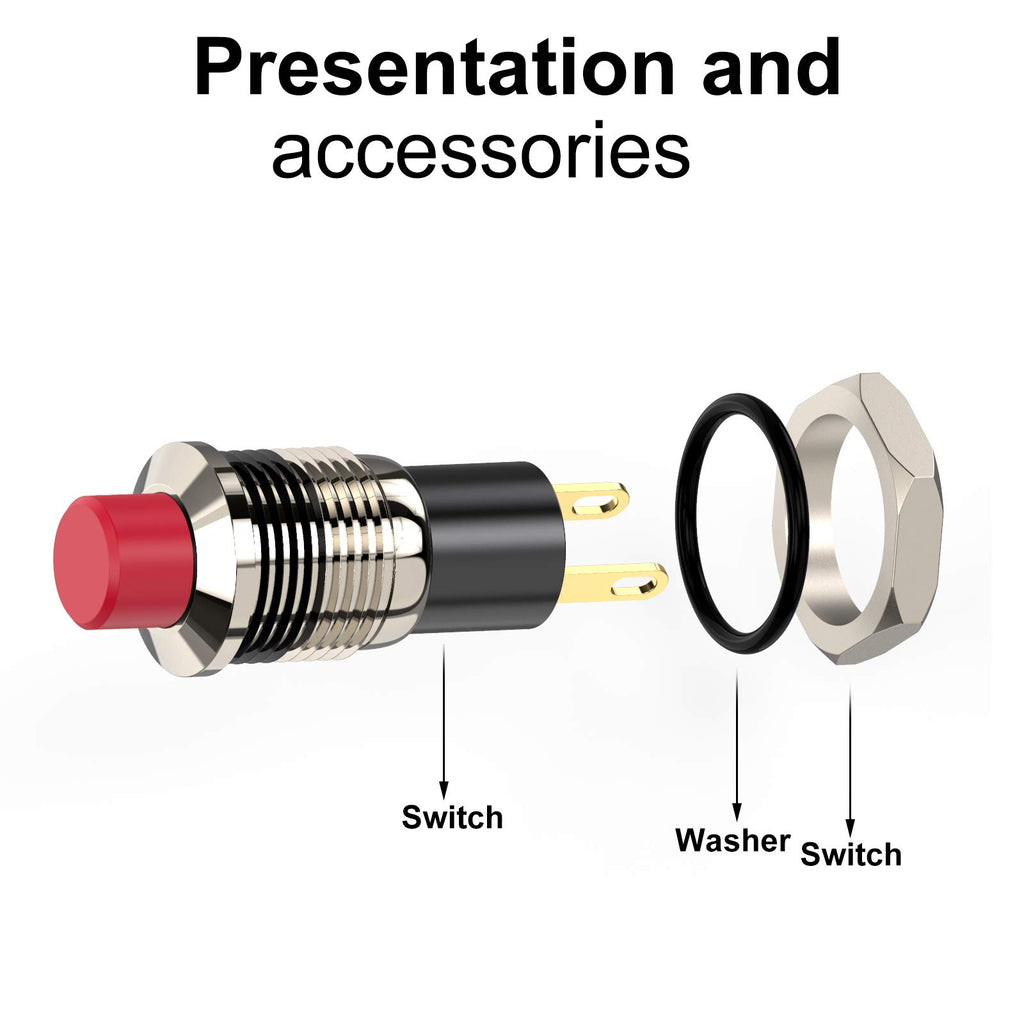 DIYhz Push Button Switch, Self-Locking Mini Switches Latching 10mm Round DC24V 0.5A Red Cap 5PCS with 20cm Cable