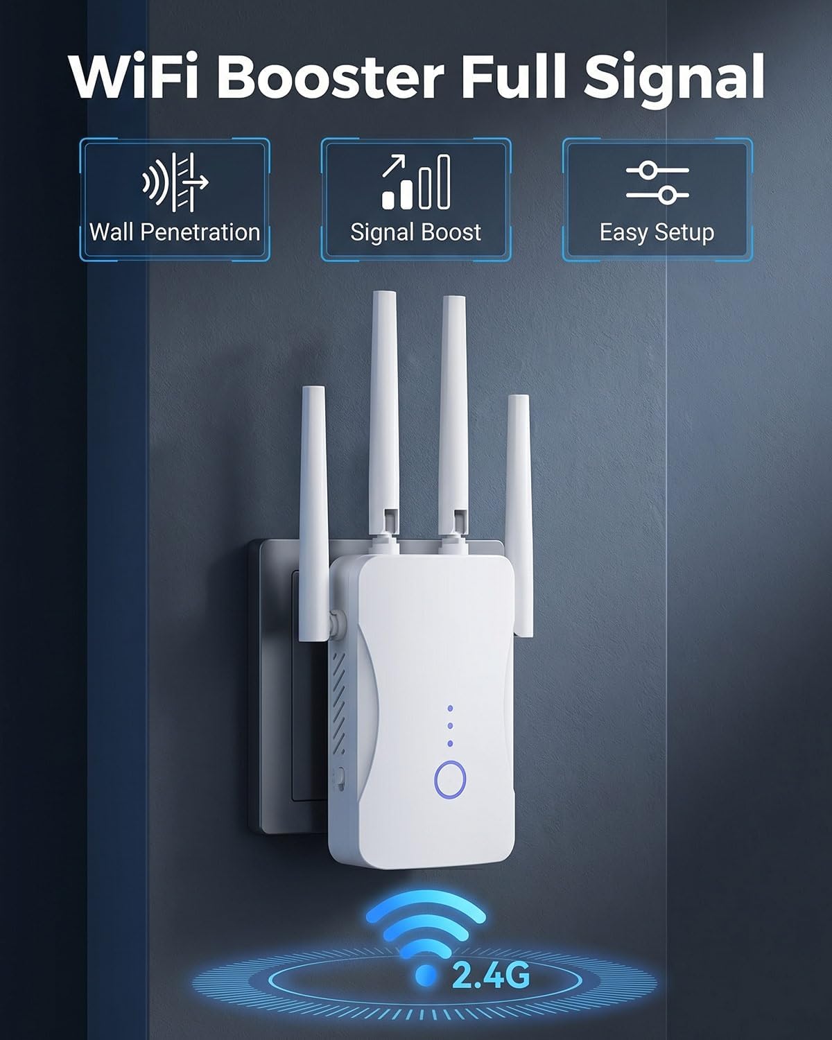 WiFi Extender Signal Booster - 2.4GHz WiFi Booster for Home, Covers Up to 9999 Sq. Ft, Easy Setup, Ethernet Port &
