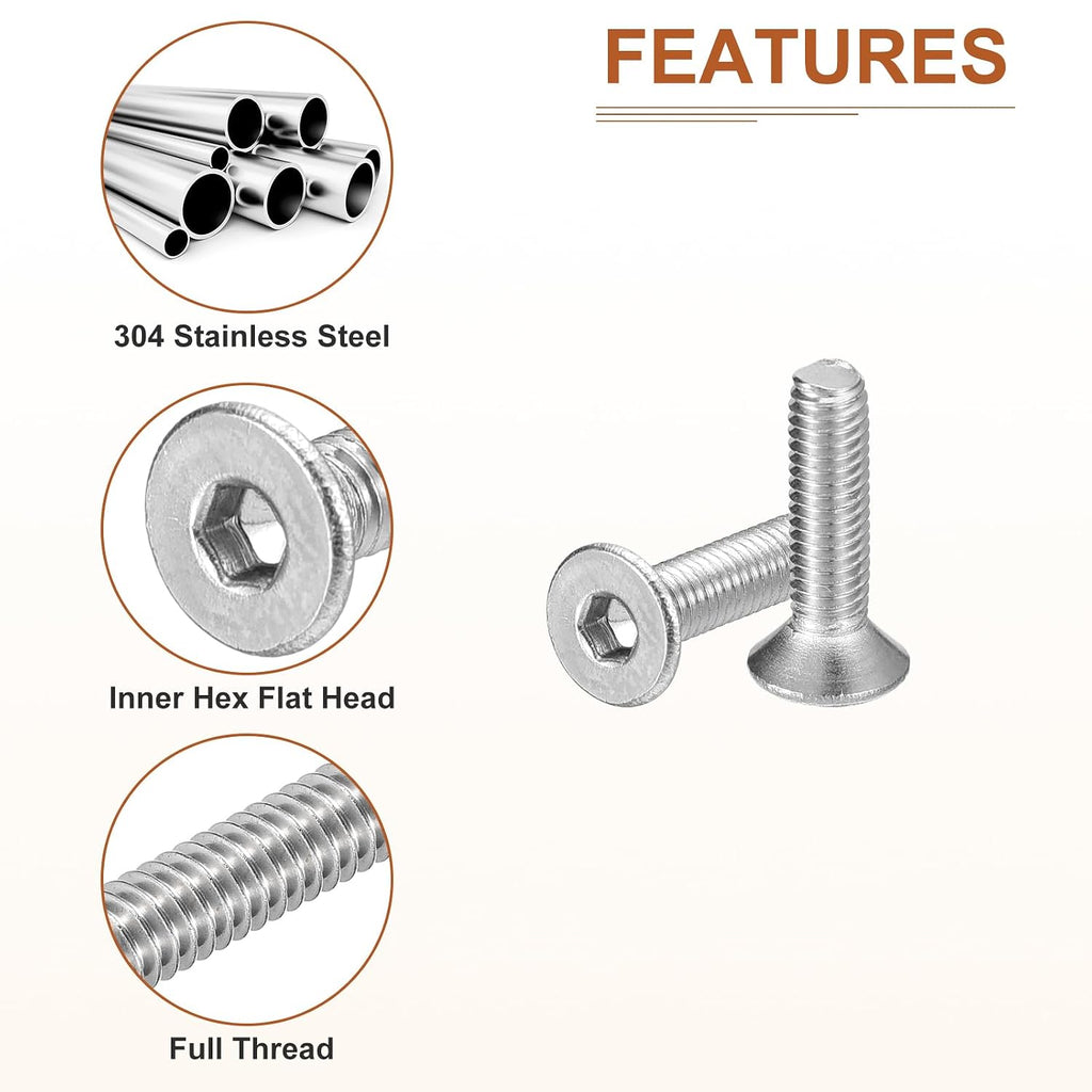 DTGN M3-0.5 x 12mm Flat Head Socket Cap Screws, 100 Pack 304 Stainless Steel Hex Socket Flat Head Screws, Full Thread, Countersunk Bolts