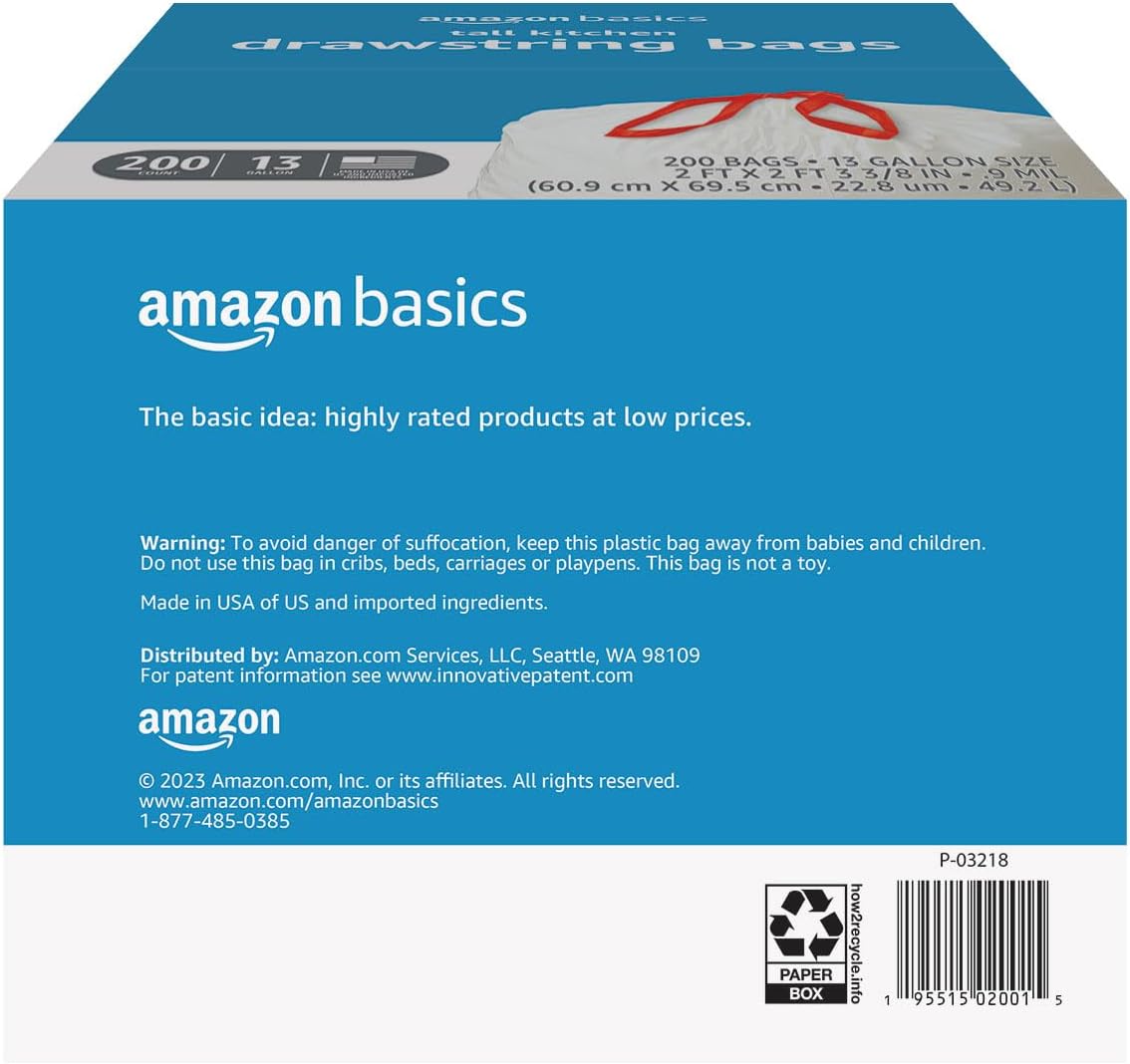 Tall Kitchen Drawstring Trash Bags, Sturdy, 13 Gallon, Unscented, 200 Count