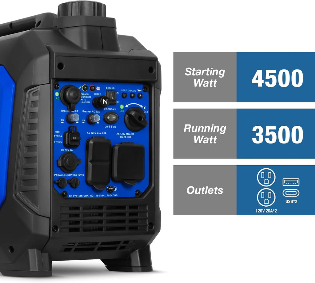 Ultra-Quiet 4500W Inverter Generator, Dual Fuel (Gas/Propane) with CO Sensor, 4-Cycle RV Ready & Parallel Capable for
