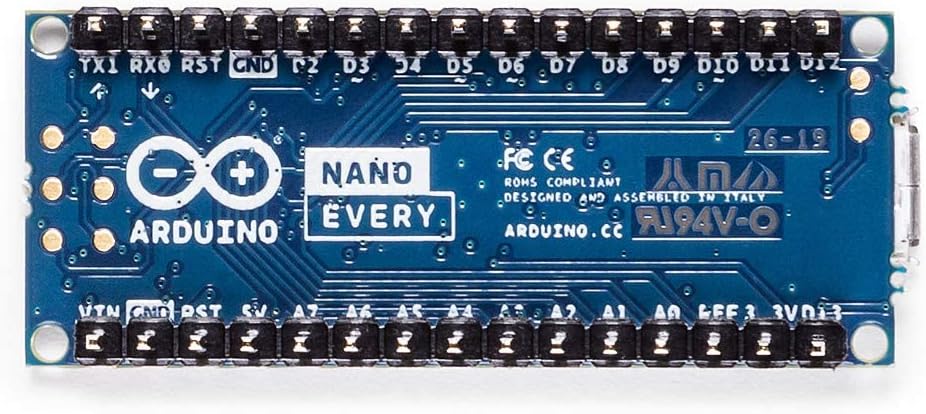 Arduino Nano Every with Headers [ABX00033] - Compact ATmega4809 Microcontroller with Micro USB, 20 Digital I/O, 6 Analog Inputs, and Easy Prototyping for DIY Projects