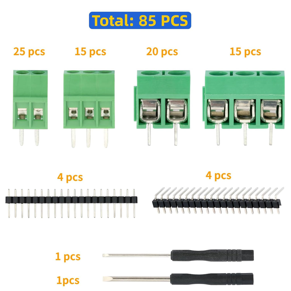 85 Pcs Screw Terminal Block Kit 2.54 mm 5.08 mm Pitch for PCB Perf Board Breadboard Circuit Connector