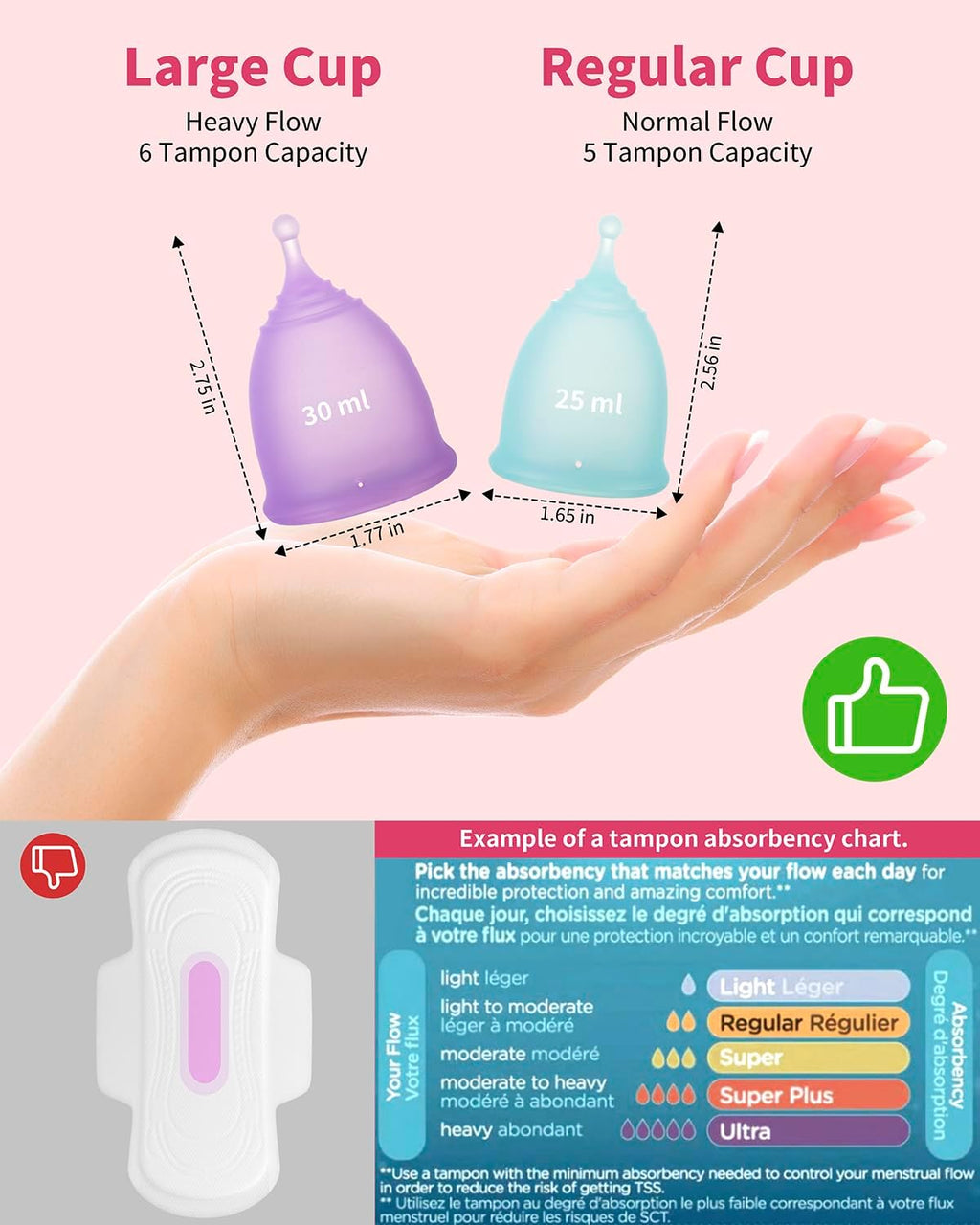 Reusable Menstrual Cup (Small & Large Size) Set of 2, Soft Silicone, Low or High Cervix, Safe Period Cup, Heavy &