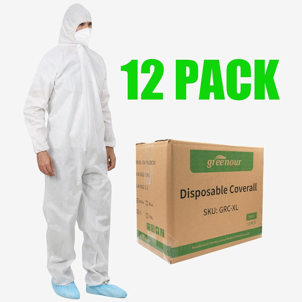 12 Pack Disposable SMS Hazmat Suits with Hood White M-3XL | 5 Size Options, High Density SMS Material Coveralls, Tear
