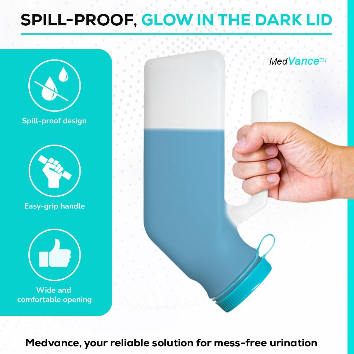 1000mL Premium Urinals for Men Spill Proof Glow in Dark Lid 2 Pack | Heavy Duty - Extra Thick - Urine Pee Bottles For