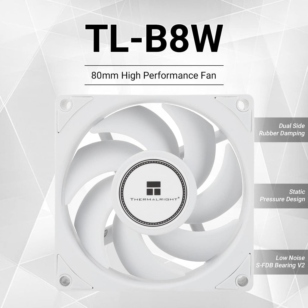 Thermalright TL-B8W CPU Fan, Computer Case Cooling Quiet 4pin PWM Fan, 80mm Silent PC Cooling, wtih 2200RPM Speed, Low Noise 24dba, Desktop CPU Cooler(80mm,White)