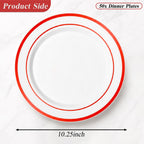 50 Pack Red Rim Plastic Plates, White Disposable Party Plates