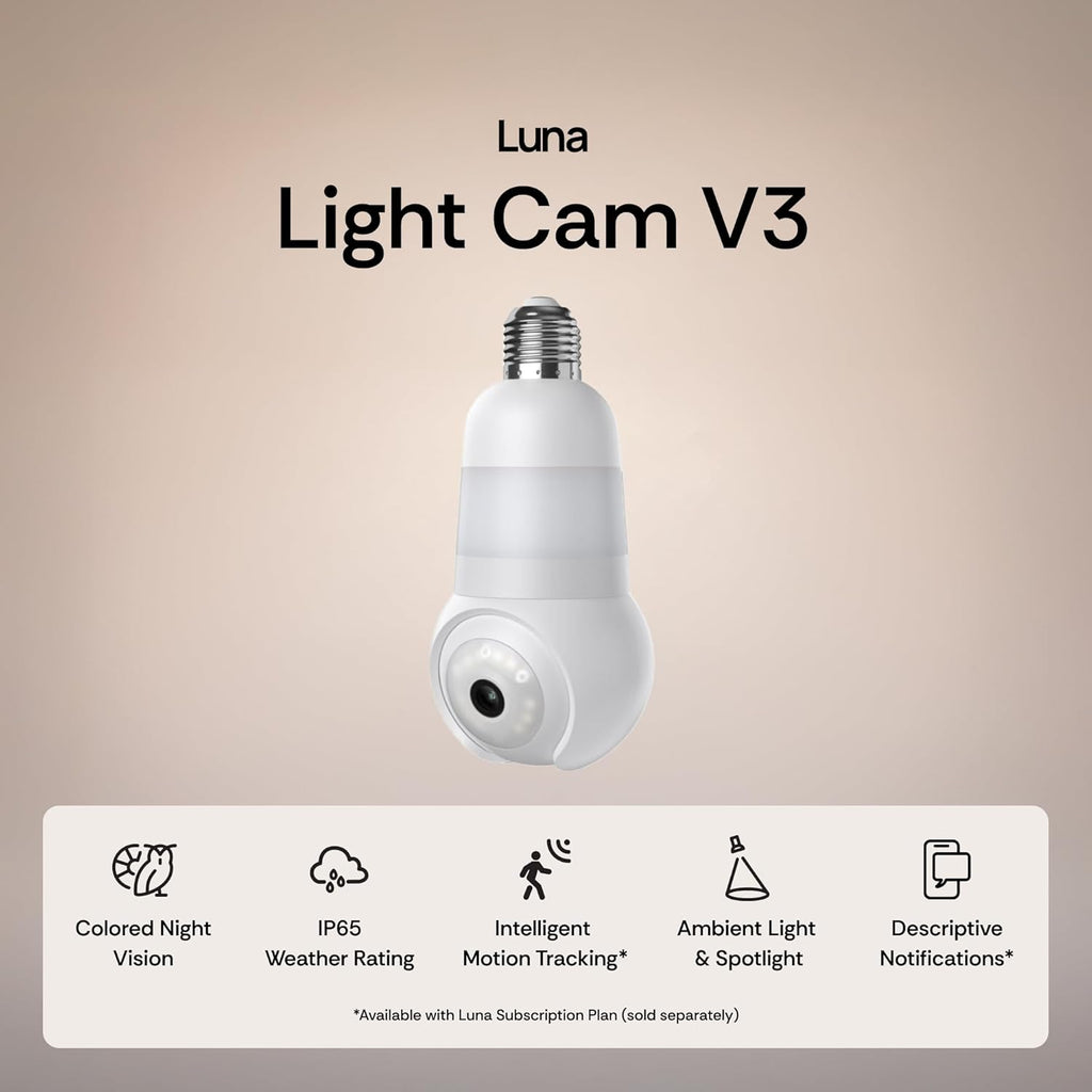 Luna Light Bulb Security Cameras Wireless Outdoor Indoor, 360° Pan Tilt, Color Night Vision, LED Bulb & Spotlight