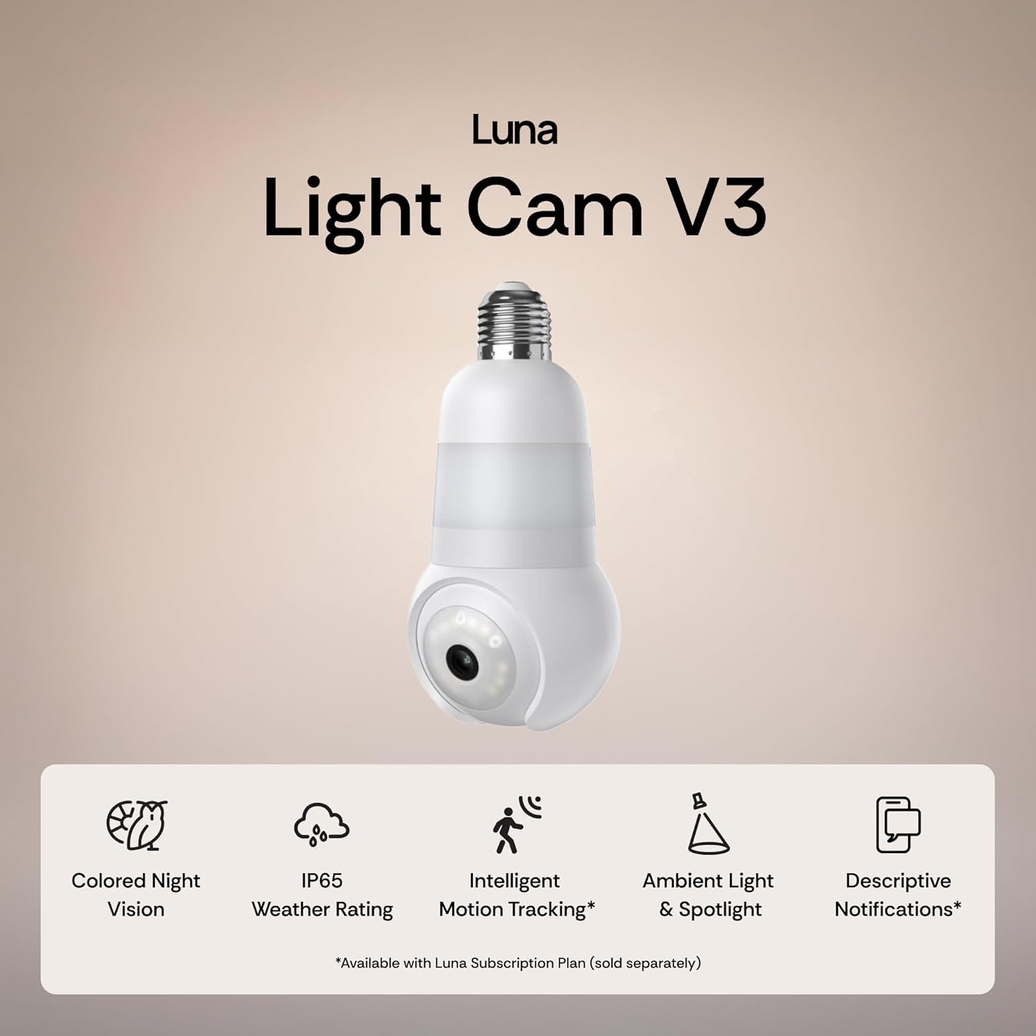 Luna Light Bulb Security Cameras Wireless Outdoor Indoor, 360° Pan Tilt, Color Night Vision, LED Bulb & Spotlight