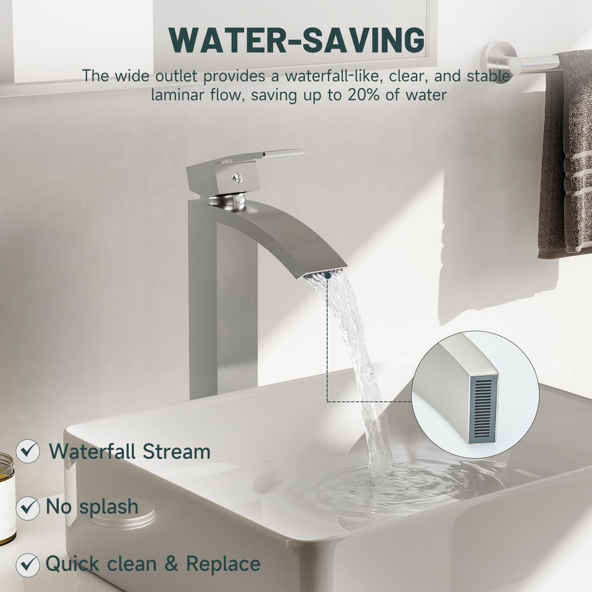 Brushed Nickel Vessel Sink Faucet, Waterfall Bathroom Faucets
