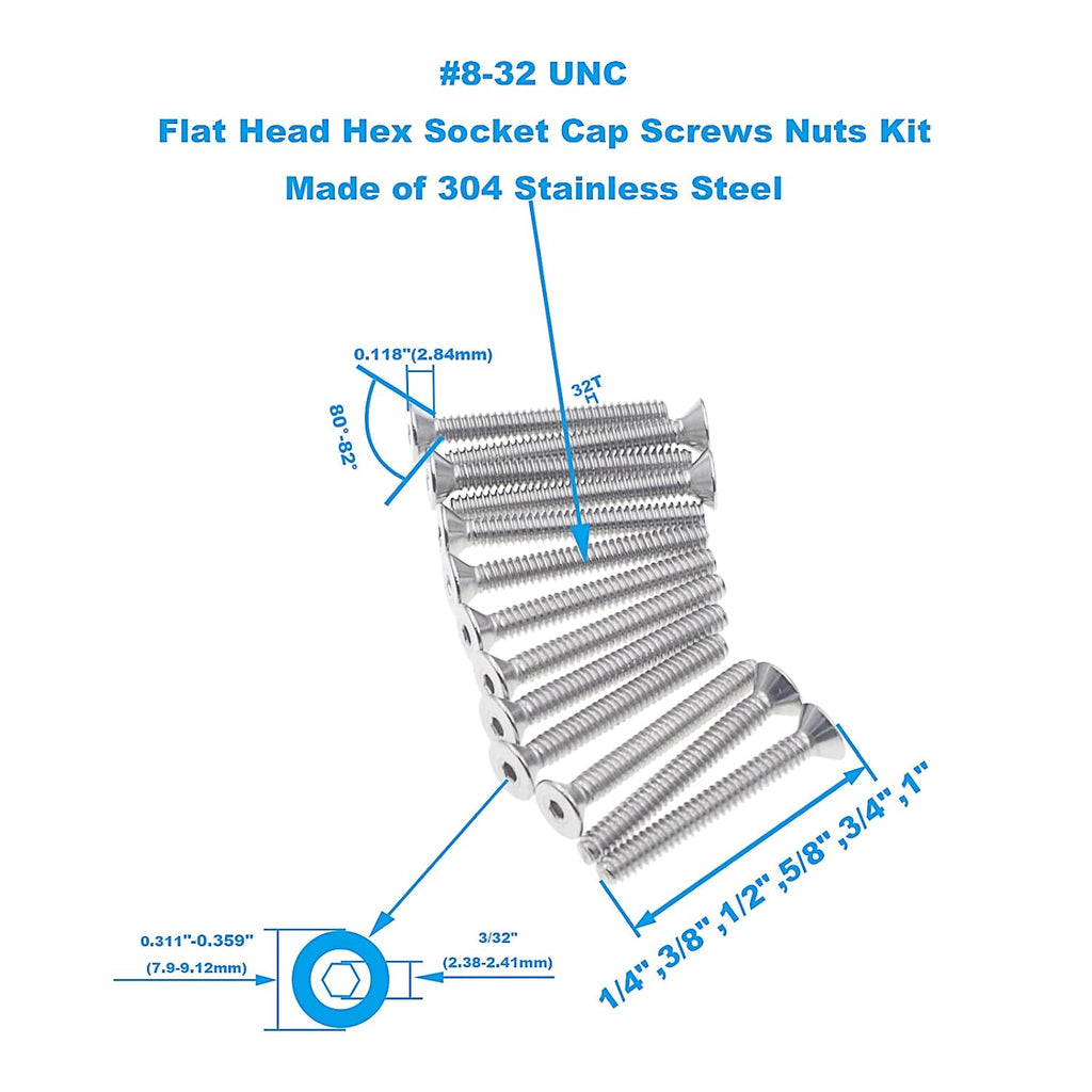 #8-32 UNC 304 Stainless Steel Flat-Head Socket Cap Screws, Nuts Kit