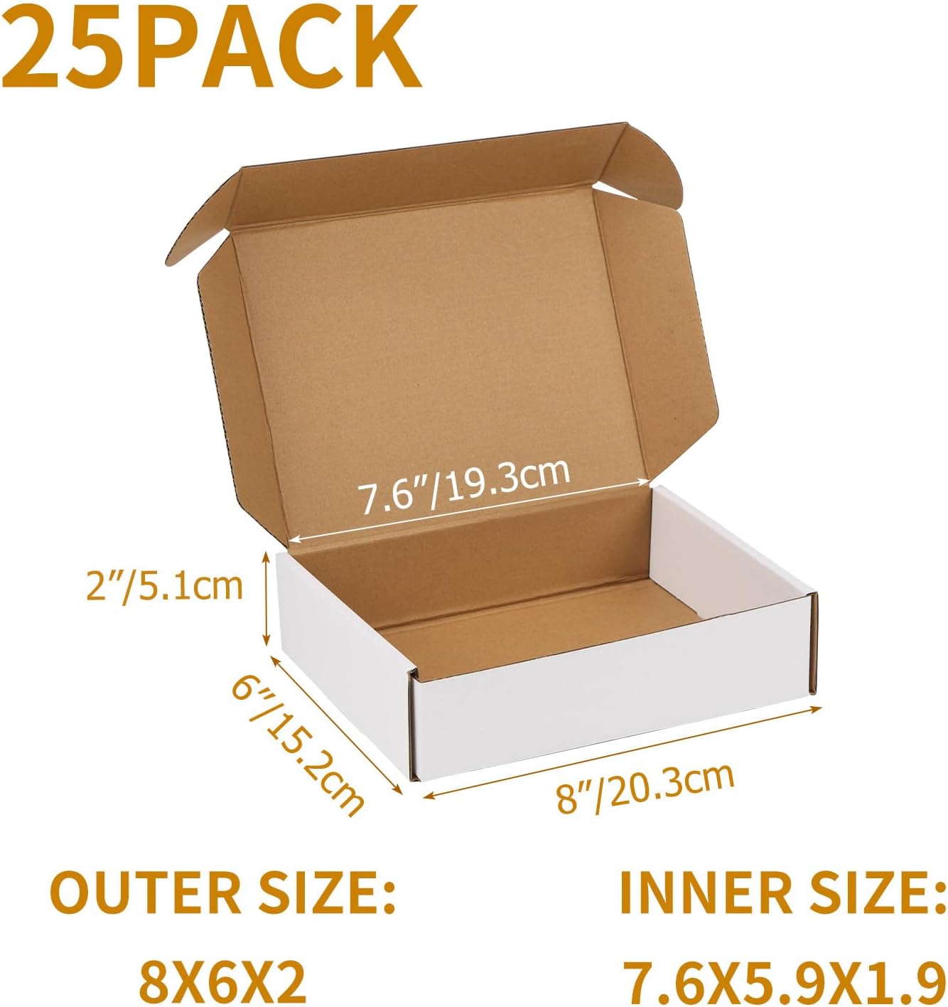 25 Pack 8x6x2 inch Small Shipping Boxes, White Mailing Boxes | Tuck Top, Quick Fold, Easy Assemble, Shape Well