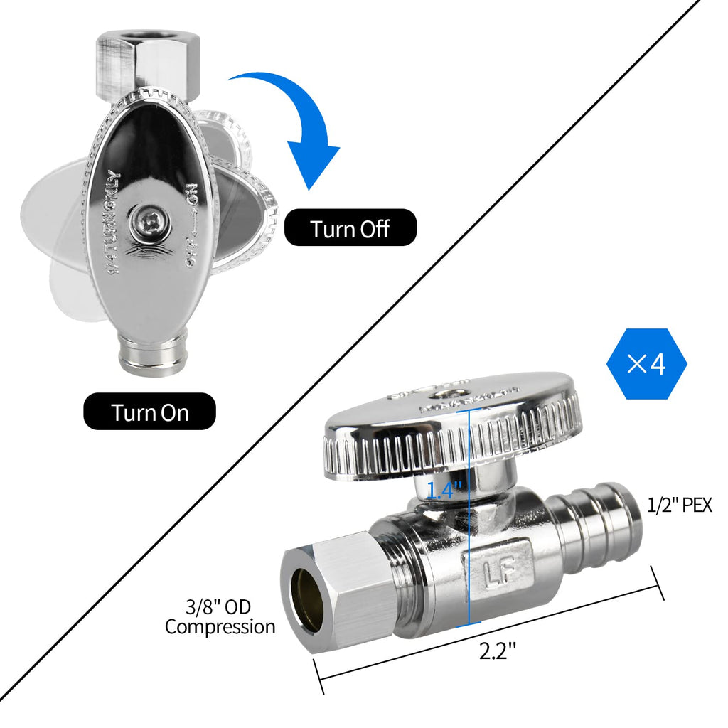 4 Pack Stop Valves, 1/4 Turn Straight Stop Valves