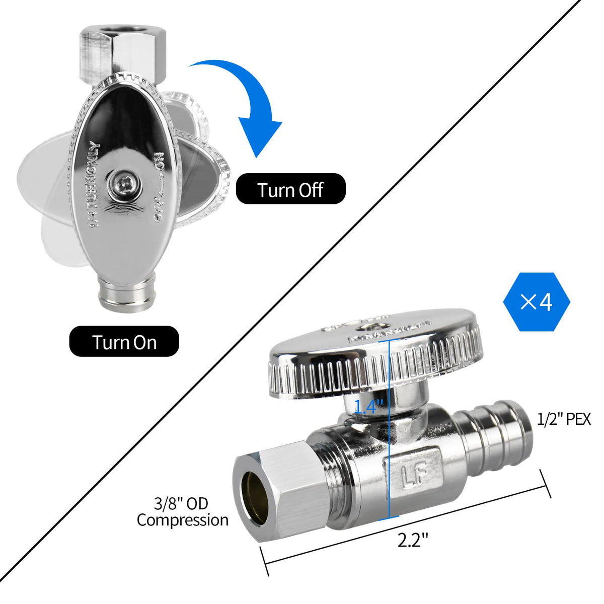 4 Pack Stop Valves, 1/4 Turn Straight Stop Valves