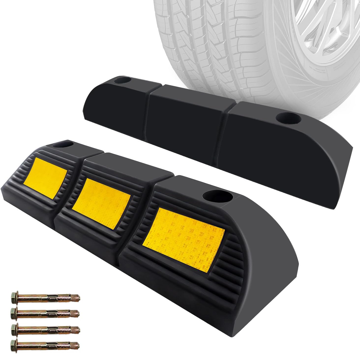 Heavy Duty Rubber Parking Stopper 2 Pack | 17.2"x4.6"x3.5" High Visibility Tire Parking Blocks with Bolt Mounting