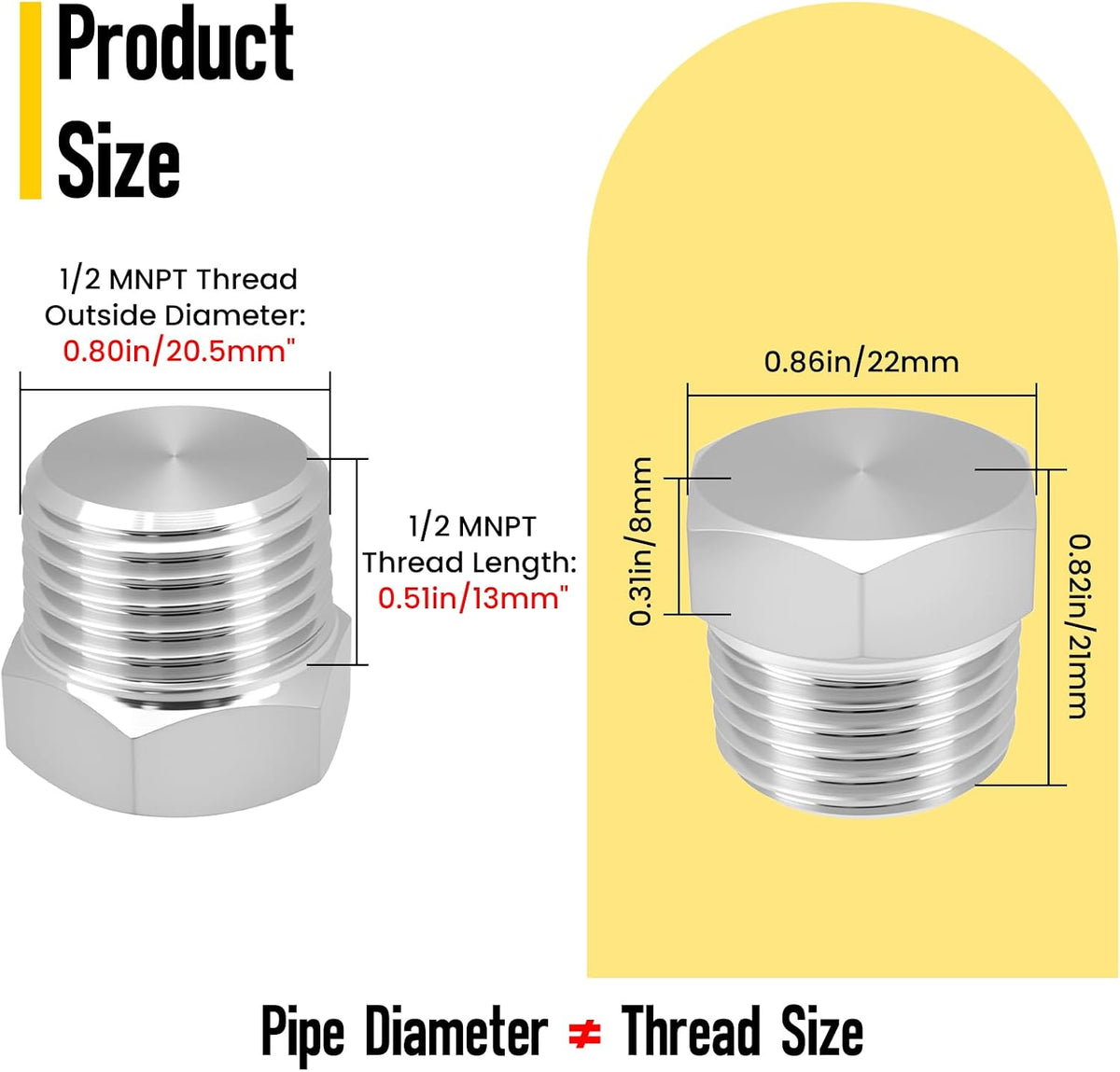 Outer Hex Head Thread Pipe Plug Fitting, HONSNKS 2PCS 1/2" NPT Male 304 Stainless Steel Hex Head Screw Pipe Plug Adapter Connector