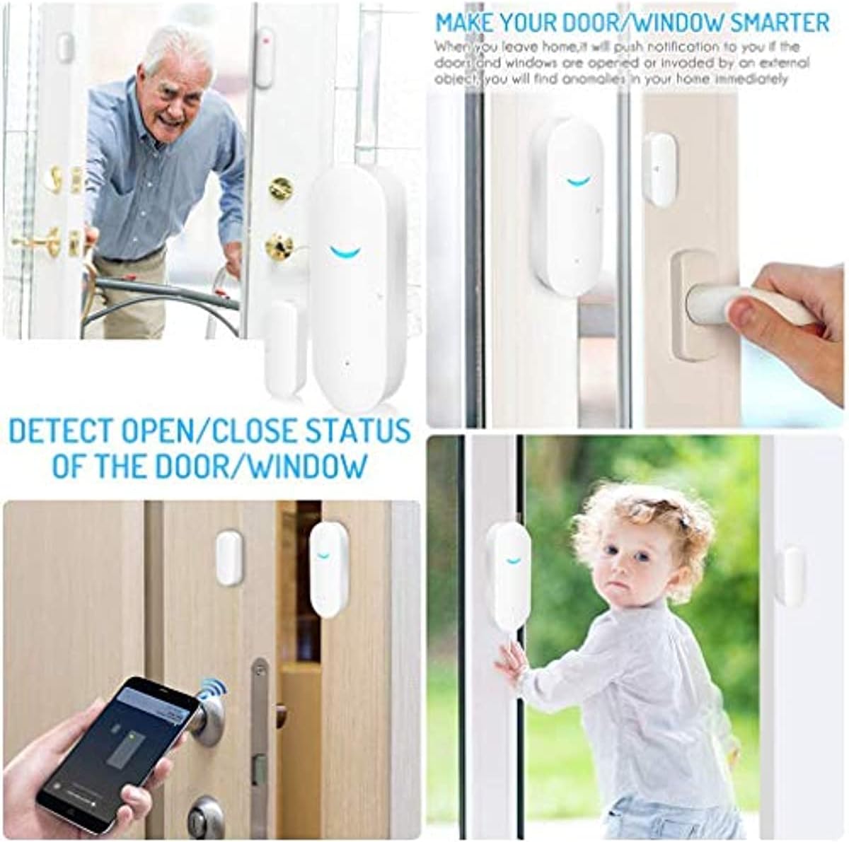 4-Pack Smart Door/Window Sensor: WiFi Alarm, Wireless Alerts, Compatible with Alexa/Google Assistant