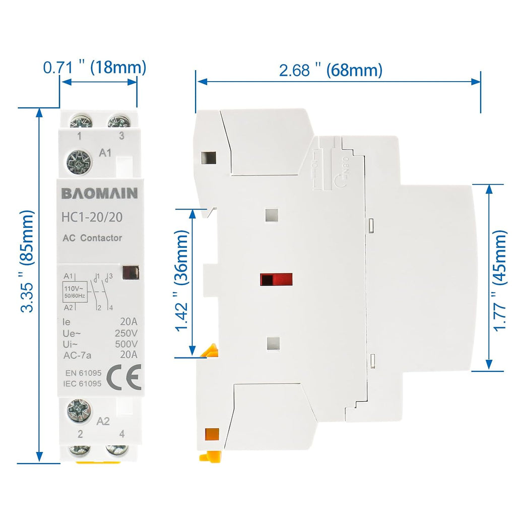 BAOMAIN 110V AC 2-Pole 20A Modular Contactor, 2NO, DIN Rail Mount