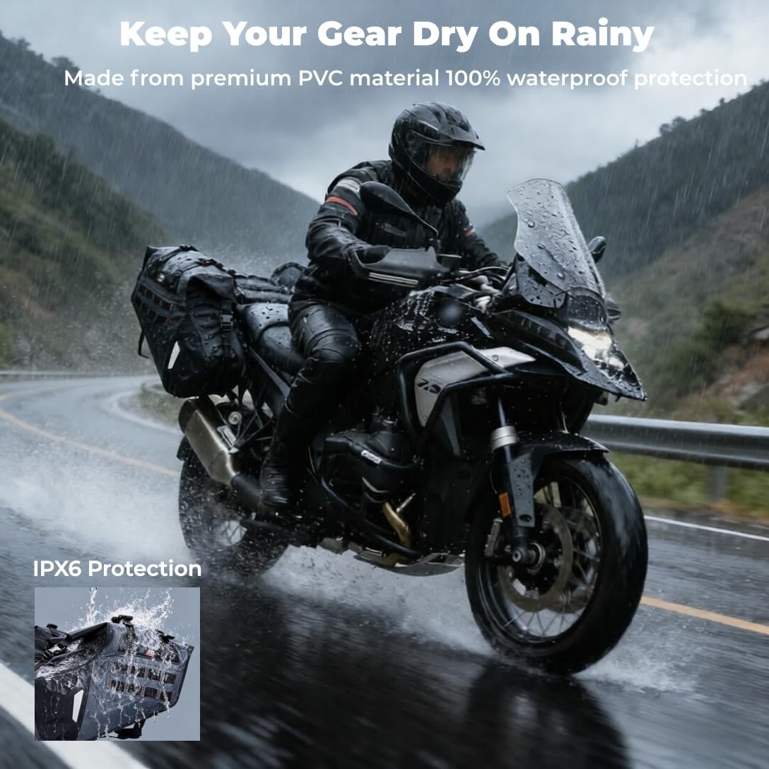 IPX6 Waterproof Motorcycle Saddlebags 30L(15Lx2) PVC Side Tail Bag | Motorbike Adventure Dual Sport Bike Dirtbike