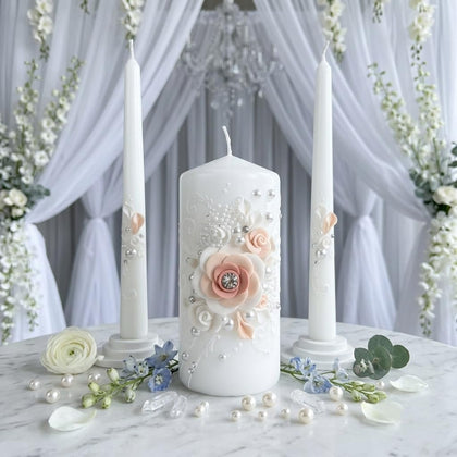 Blush Blossom Unity Candle Set for Wedding Ceremony, White & Blush Pink Handmade Wedding Candles, Unscented 6" Pillar