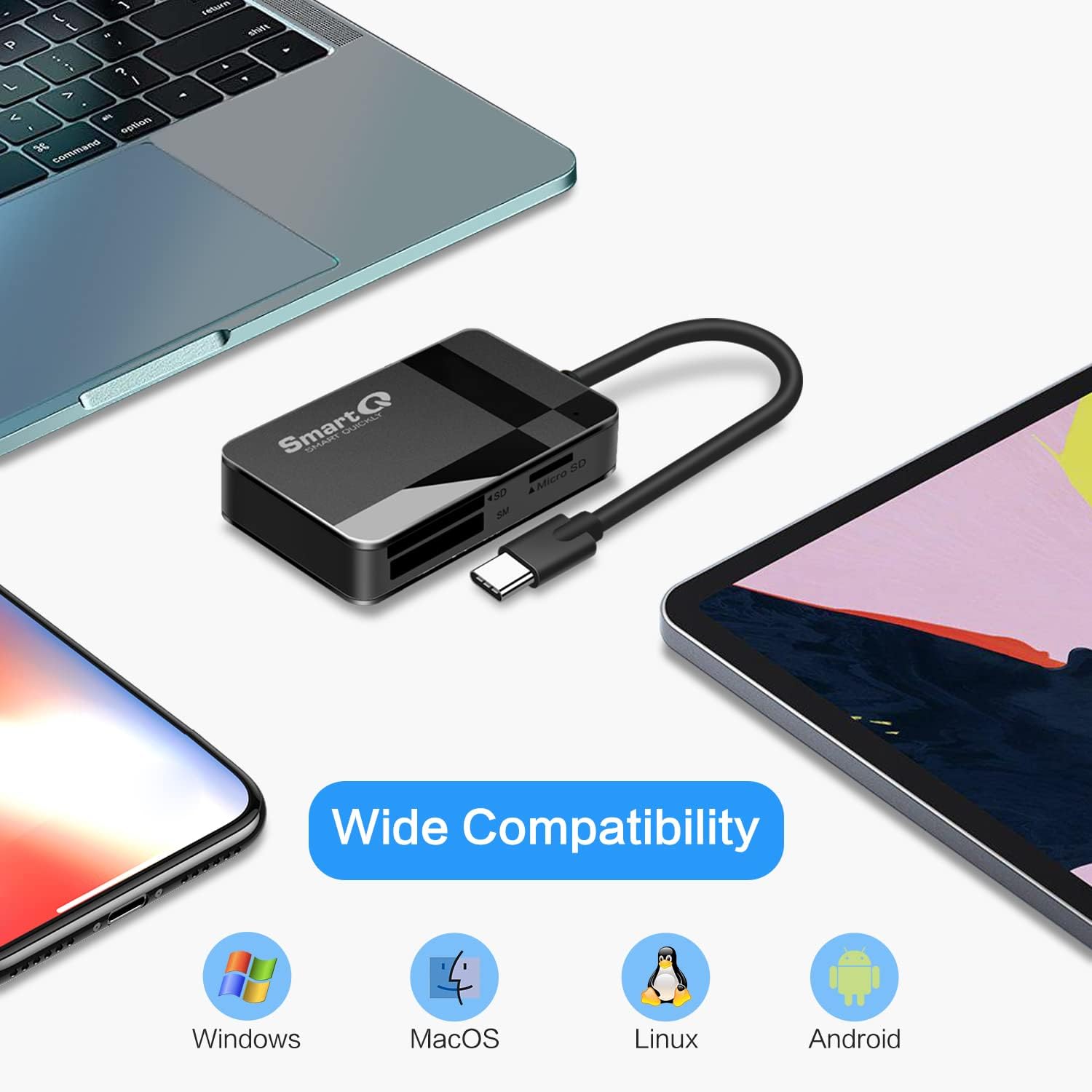 SD Card Reader, 4-in-1 USB C 3.0 SD/Micro SD/MS/CF Memory Card Reader, Adapter for Camera, Compatible with MacBook