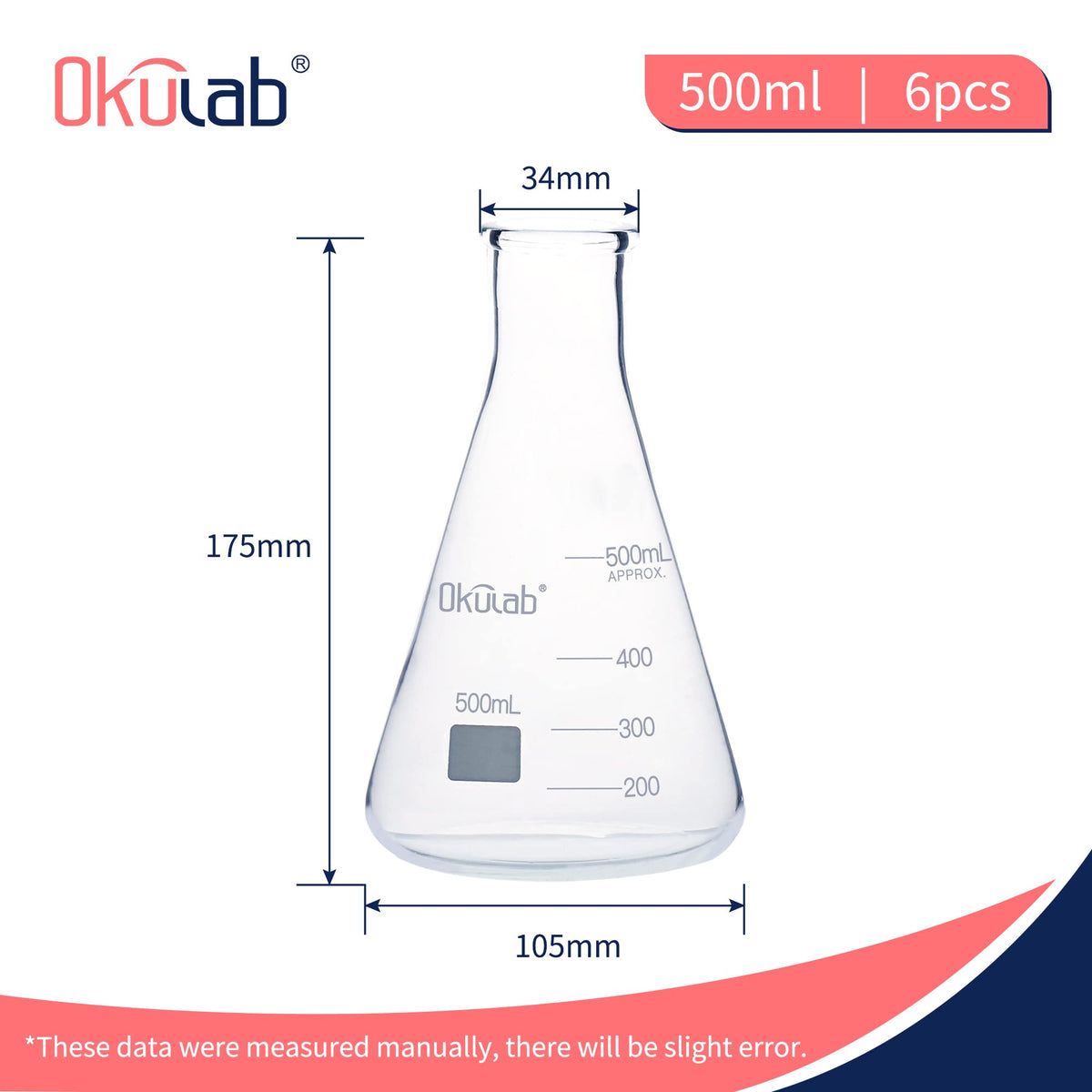 Conical Flasks Set, 500 mL Glass Erlenmeyer Flasks, Narrow Mouth, 3.3 Borosilicate Glass Conical Flask Set (case of