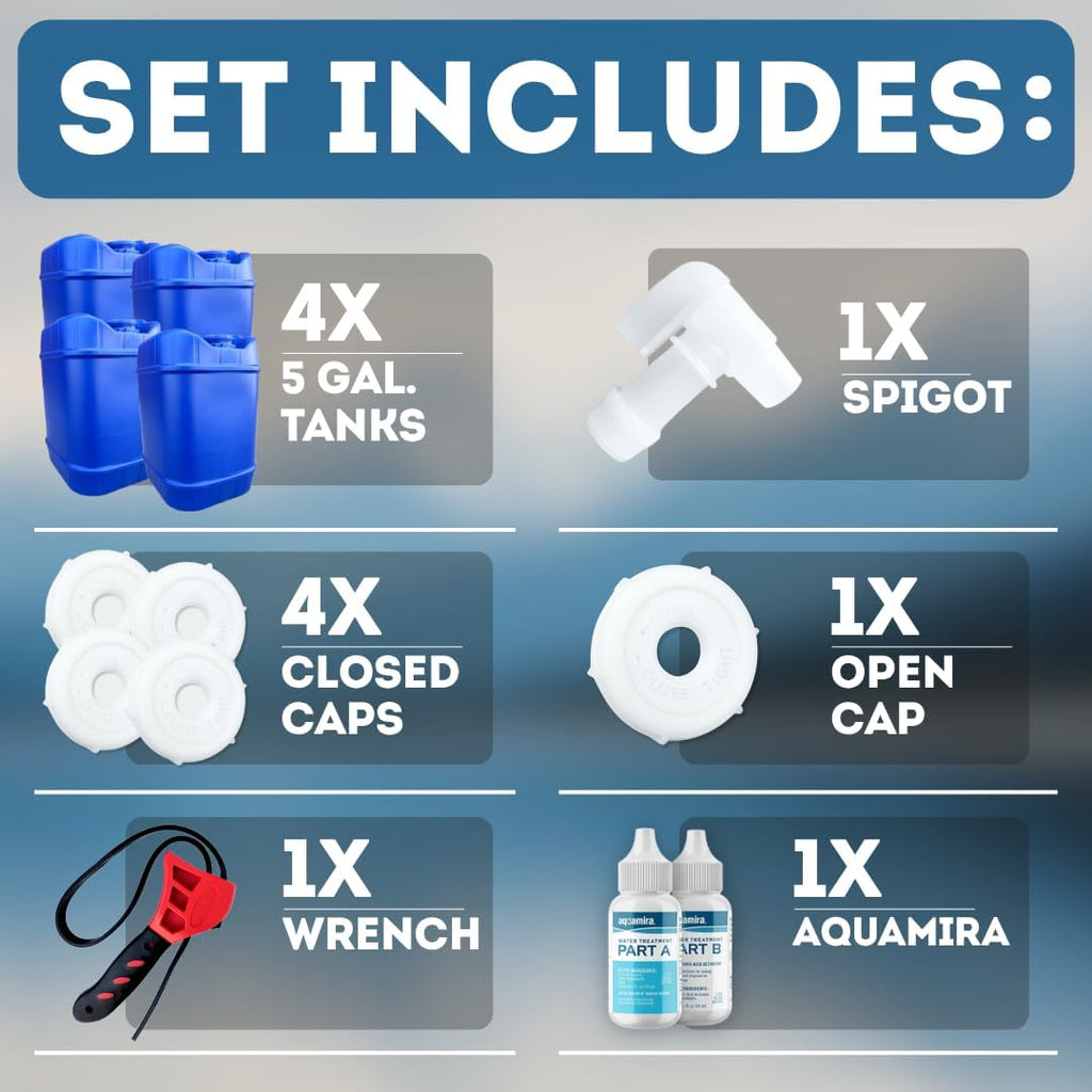 5-Gallon Stackable Water Storage Containers, Water Treatment, 5 Lids + 1 Spigot, Easy Fill, Survial Supply Emergency