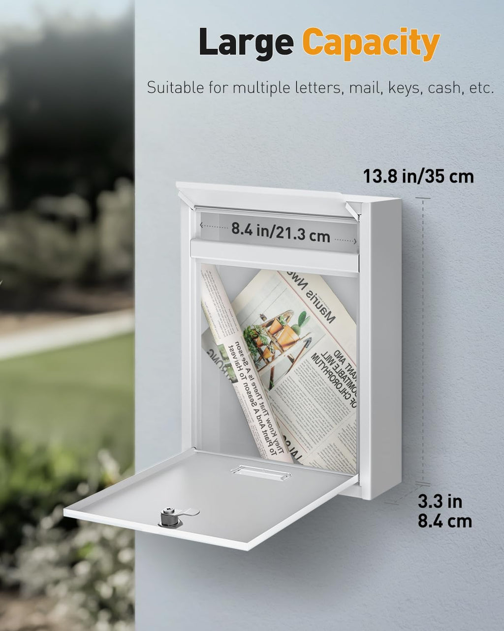 Wall Mount Mailbox for Outside, Locking Mail Box, White | Large Mailbox with Key Lock, Security Mail Box for House