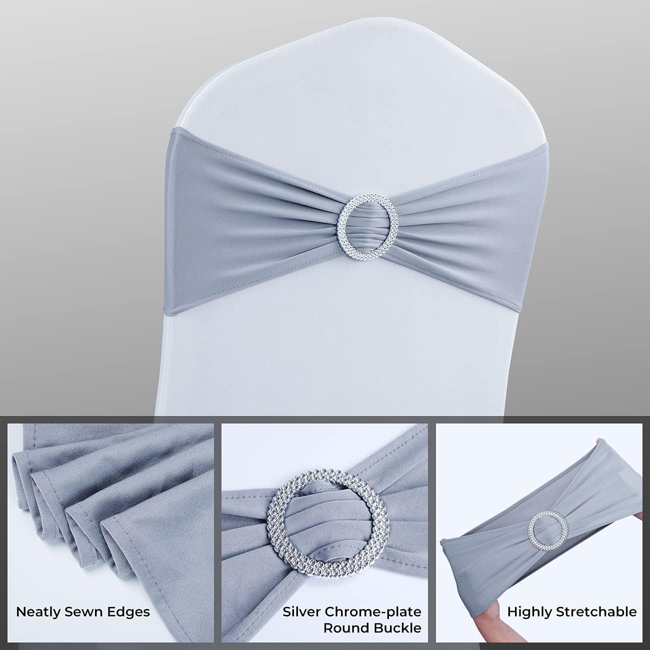 50PCS Spandex Chair Sashes Bows with Buckle for Wedding Deco, Grey