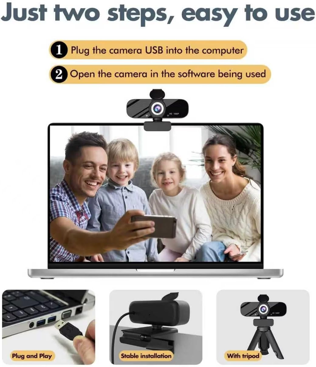 Full HD Webcam with Built-in Microphone and Rotatable Tripod, 1080P Video and Wide Angle Camera, Privacy Cover